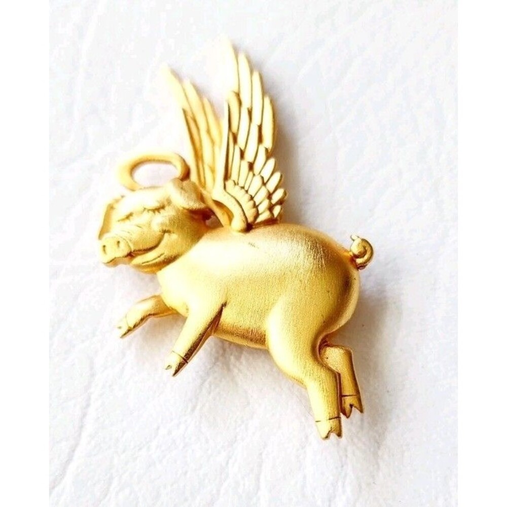 Signed JJ Gold Tone Flying Angelic Pig Brooch
